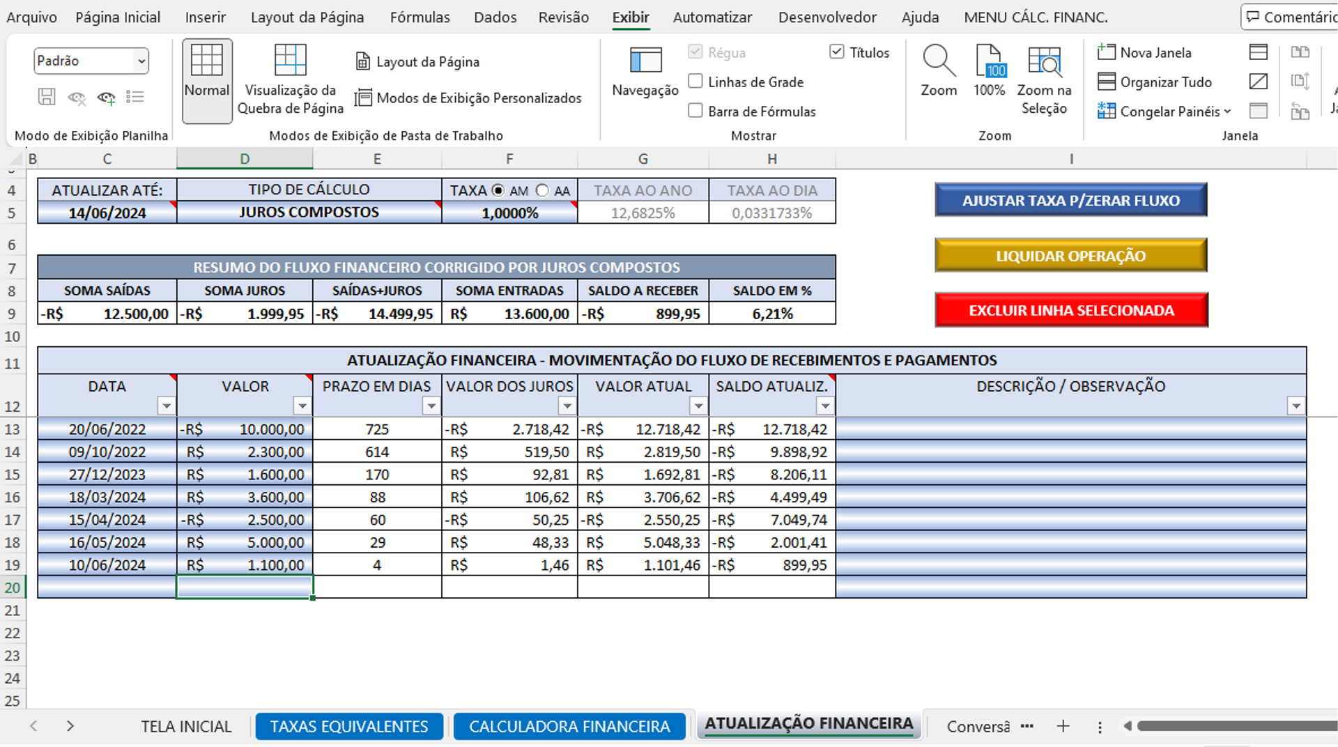 Captura de tela de Planilha Analítica de Cálculos Financeiros 