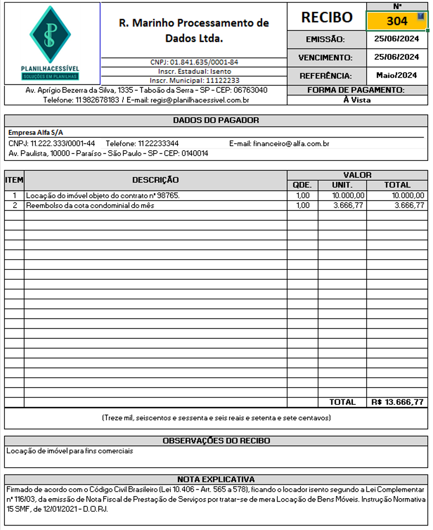 Captura de tela de Planilha Automatizada de Emissão de Recibos com Logomarca