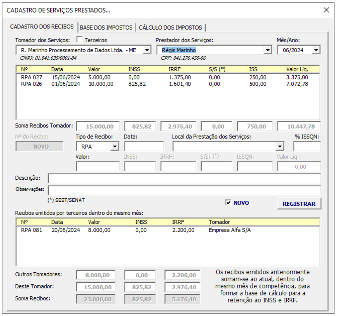 Captura de tela de Planilha de Recibo de Pagamento a Autônomo -  RPA/TAC