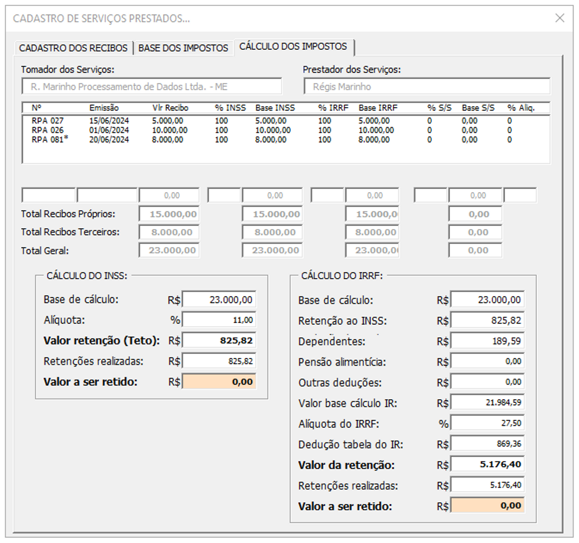 Captura de tela de Planilha de Recibo de Pagamento a Autônomo -  RPA/TAC