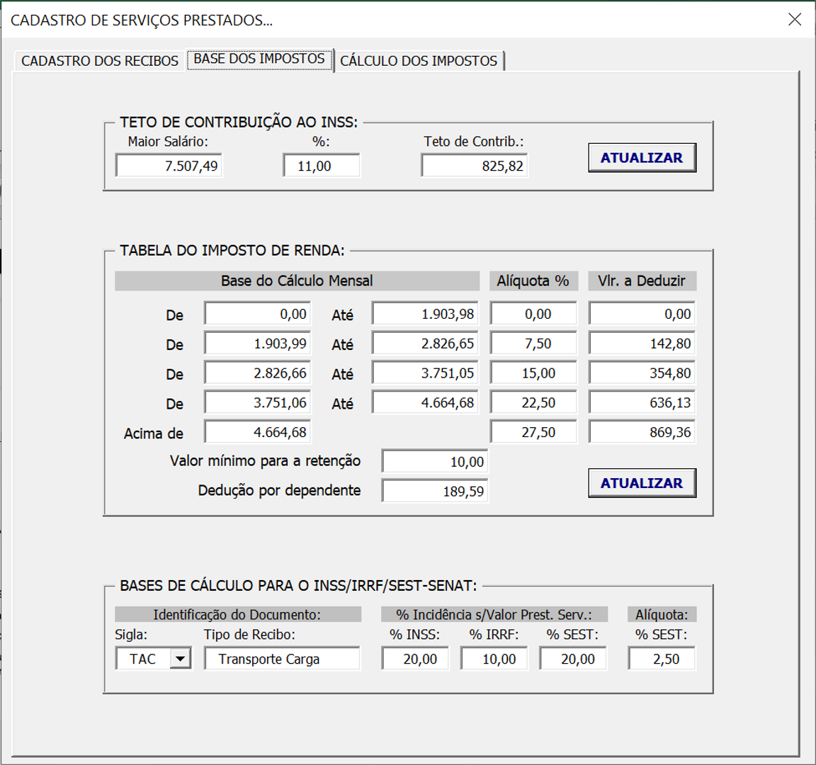 Captura de tela de Planilha de Recibo de Pagamento a Autônomo -  RPA/TAC