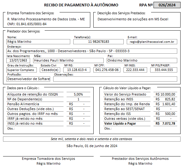 Recibo Rpa Modelo Planilha de Recibo de Pagamento a Autônomo - RPA/TAC | Planilhacessível